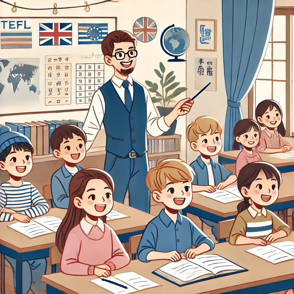 DALL·E 2024-07-05 14.30.16 - A joyful classroom scene with young TEFL_TESOL students being taught by an adult teacher, set in a Western country. The students are Caucasi